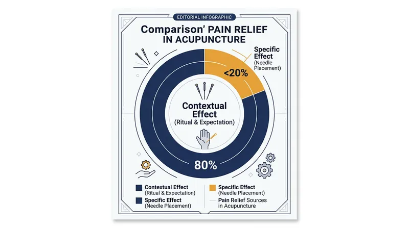 Meta-analyses show that the physical act of needling accounts for a small fraction of acupuncture's total analgesic benefit.
