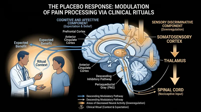 The expectation of pain relief triggers endogenous opioid release, actively suppressing pain signals in the brain.