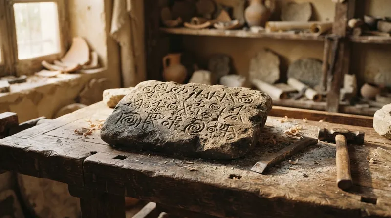 Close-up of an ancient Greek stone inscription showing early carved letters on weathered marble.