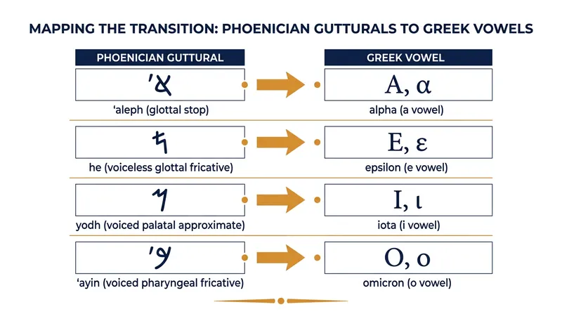 Greek scribes repurposed four unpronounceable Phoenician guttural consonants into the first written vowels.
