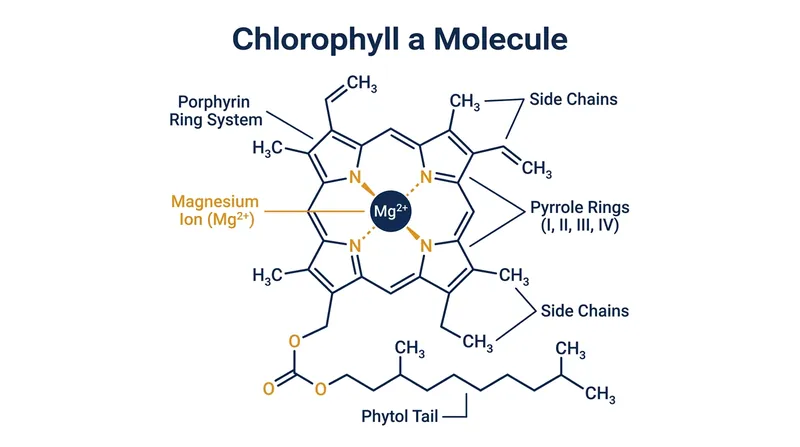 The magnesium ion at the center of the chlorophyll ring is responsible for the bright green color.