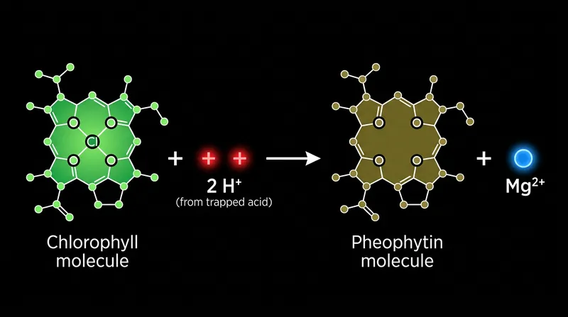 Hydrogen ions from plant acids displace magnesium, permanently altering the pigment.