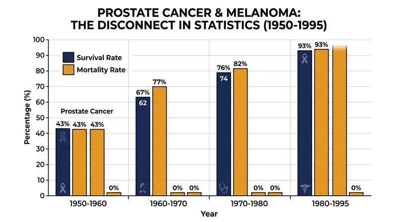 Historical data from 1950 to 1995 demonstrated massive increases in five-year survival for prostate cancer and melanoma, despite no meaningful drop in mortality.