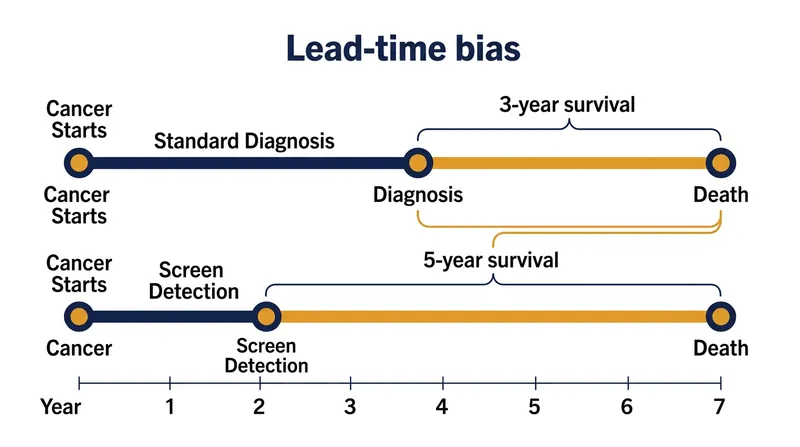 Lead-time bias occurs when early detection advances the diagnosis date without delaying the date of death, artificially inflating survival time.