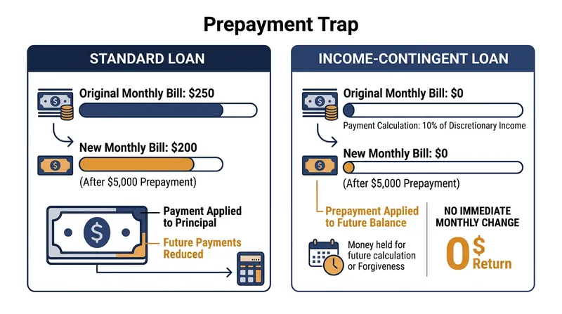 Because monthly payments are tied to income, prepaying the principal does not lower the bill.