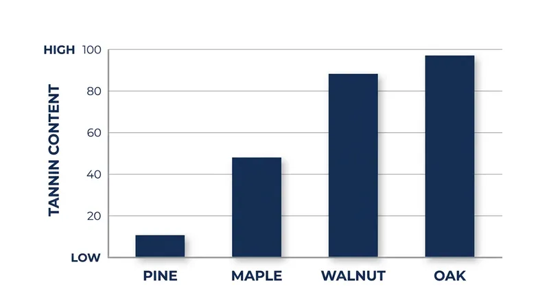 High-tannin woods like oak and walnut are significantly more susceptible to ferric tannate staining.