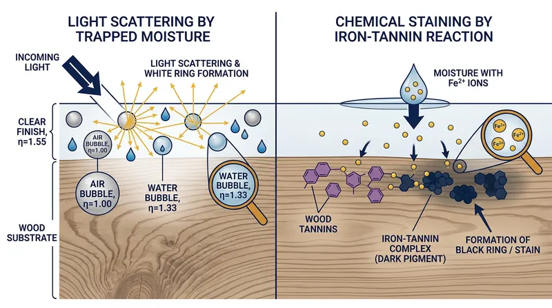 The differing mechanisms of white and black wood stains.