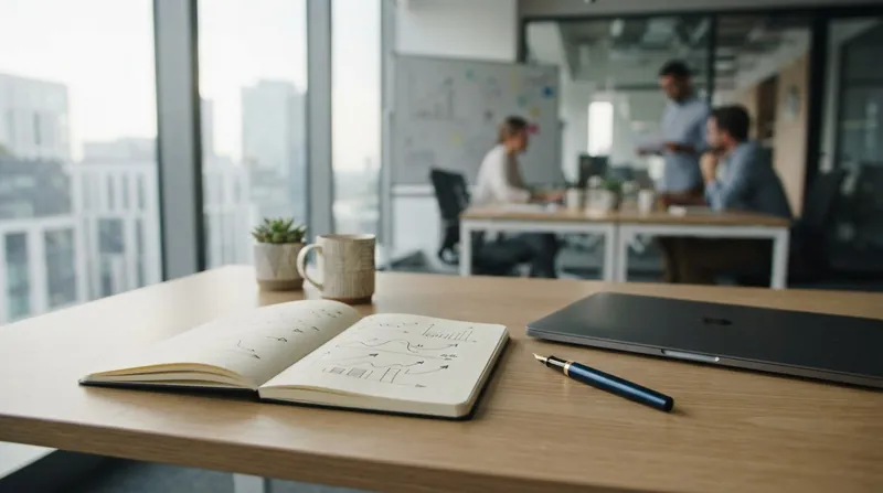 A product manager and pricing strategist analyzing a line chart on a glass whiteboard in a modern boardroom.