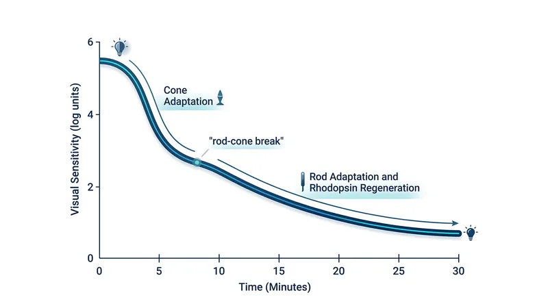 Retinal rod cells require up to 30 minutes to fully regenerate bleached rhodopsin and restore scotopic vision.
