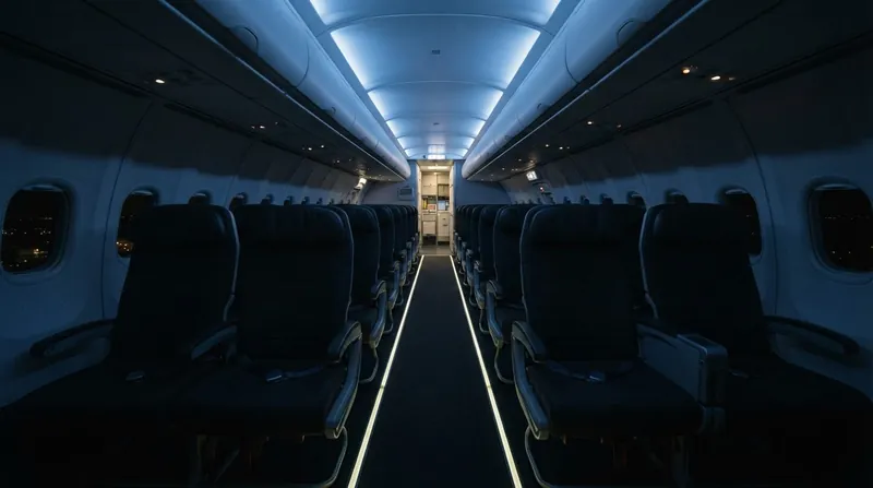 Illustration: Pre-adjusted vision allows passengers to immediately identify floor-level escape path lighting if main power fails.