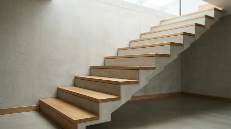 A side profile view of a modern architectural staircase showing the precise geometry of the wooden steps.