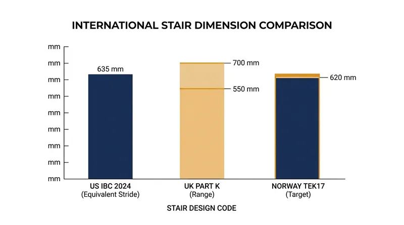 Statutory building codes across the US, UK, and Norway all mandate step proportions that align with Blondel's 17th-century math.