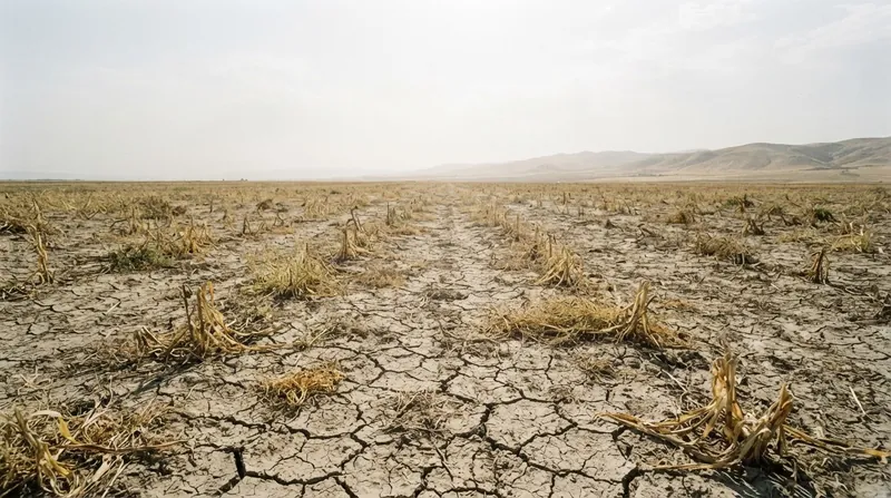A wide shot of a dry, cracked agricultural field under a harsh sun near a rural village.
