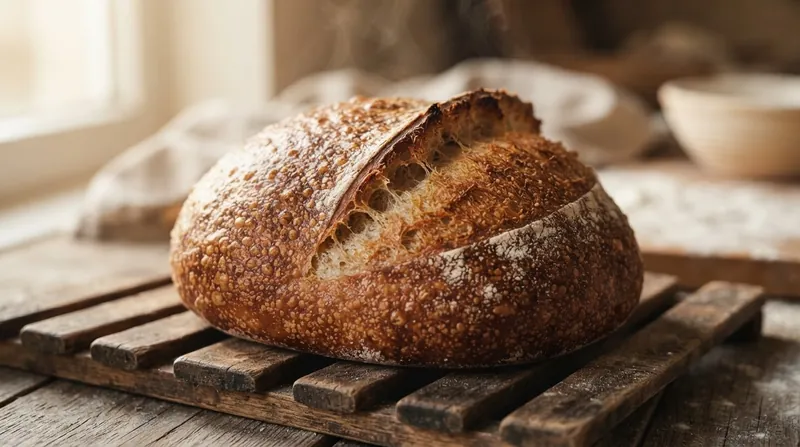 Close-up of a freshly baked artisan bread loaf showing a glossy, blistered, dark brown crust.