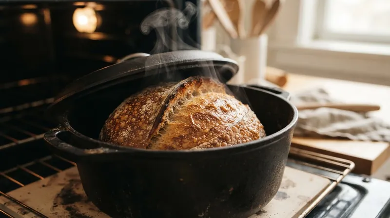 Illustration: Trapping the dough's own moisture inside a sealed Dutch oven replicates the steam injection of a commercial bakery.