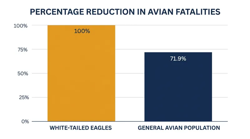 Apex raptors like the white-tailed eagle experienced the highest relative protection rate from the high-contrast blades.