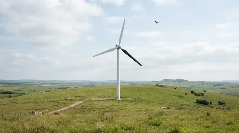 A white wind turbine with one black blade spinning against a clear blue sky.