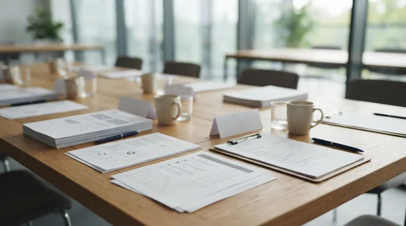 A diverse panel of professional subject matter experts sitting around a conference table reviewing exam documents.