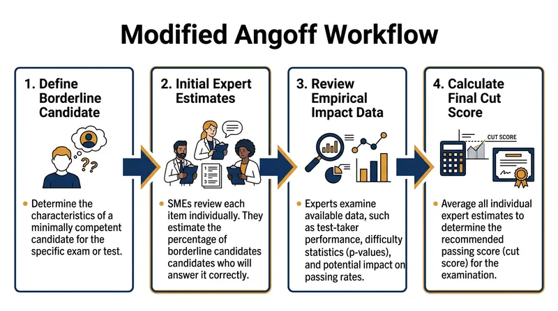 The four-step process used to translate expert judgment into a final passing score.