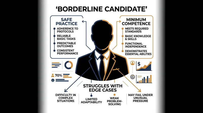 The borderline candidate is a hypothetical persona possessing exactly the minimum knowledge required for safe practice.