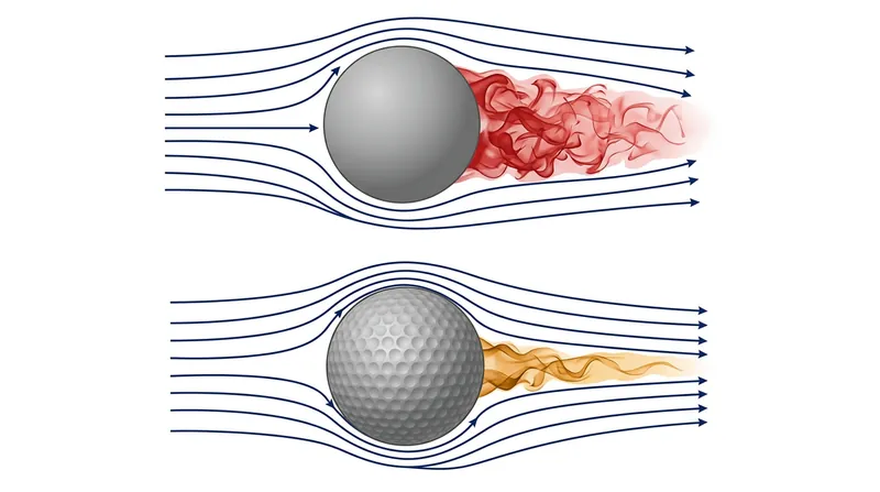 A smooth sphere separates airflow early, creating a massive low-pressure wake. Dimples delay this separation, shrinking the wake and cutting drag.