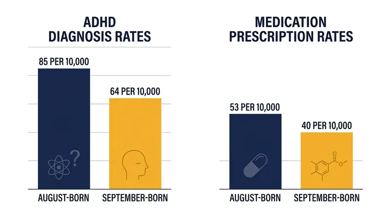 In states with a September 1 cutoff, August-born children face significantly higher rates of ADHD diagnosis and pharmacological treatment.