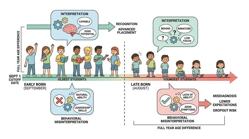 The relative age effect penalizes the youngest students in any given grade by comparing them to an older average.