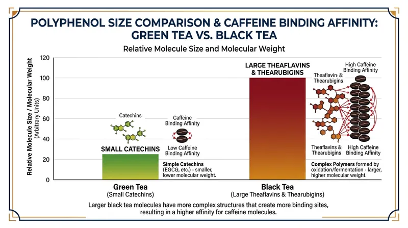 The oxidation process in black tea creates massive polyphenol structures that are far more likely to bind with caffeine than the smaller catechins found in green tea.