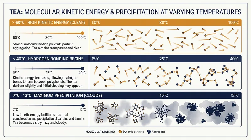 As the temperature of brewed tea drops below 40°C, hydrogen bonds begin to overpower the molecules' kinetic energy.