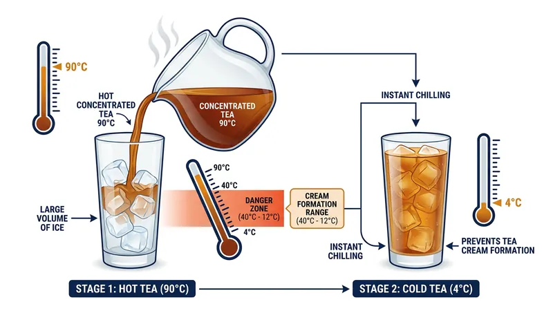 Flash-chilling hot tea directly over ice bypasses the temperature window where massive molecular clusters have time to form.