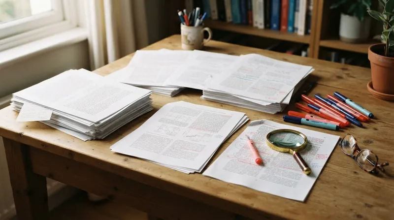 A stack of printed academic manuscripts on a wooden desk with a red pen resting on top.