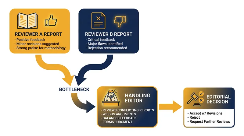 When reviewers disagree, the final publication decision shifts entirely to the handling editor.