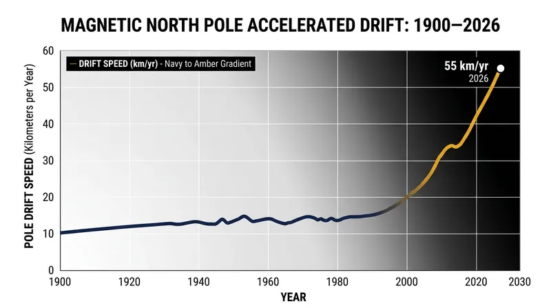 The speed of the magnetic north pole's drift has accelerated significantly over the last century.