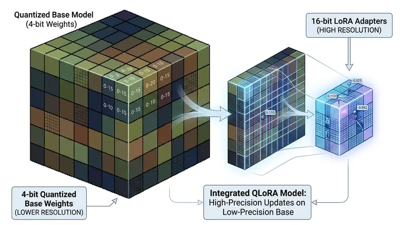 QLoRA combines low-rank adaptation with 4-bit quantization to fit massive models onto single graphics cards.