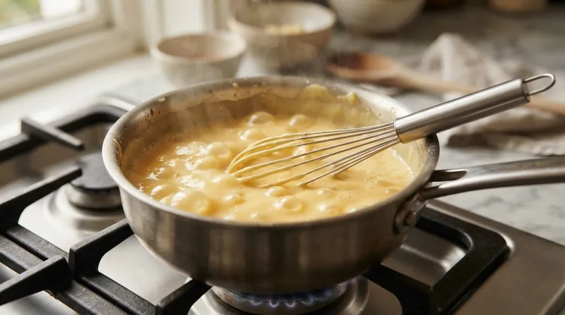 Illustration: Large, sluggish bubbles indicate that the starch has fully gelatinized and the mixture has reached the necessary boiling point.