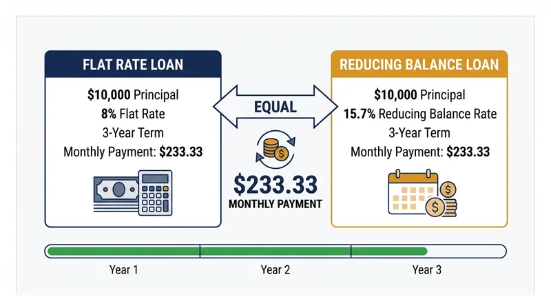 An 8% flat rate generates the exact same monthly payment as a 15.7% reducing balance rate.