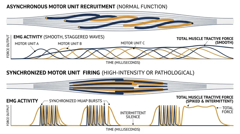 How the nervous system shifts from a smooth relay to a synchronized pulse under fatigue.