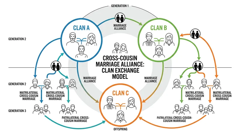 Asymmetrical cross-cousin marriage creates a continuous cycle of exchange that binds multiple lineages together.