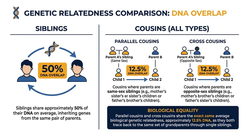 Despite receiving wildly different cultural treatments, cross and parallel cousins share the exact same coefficient of genetic relationship.
