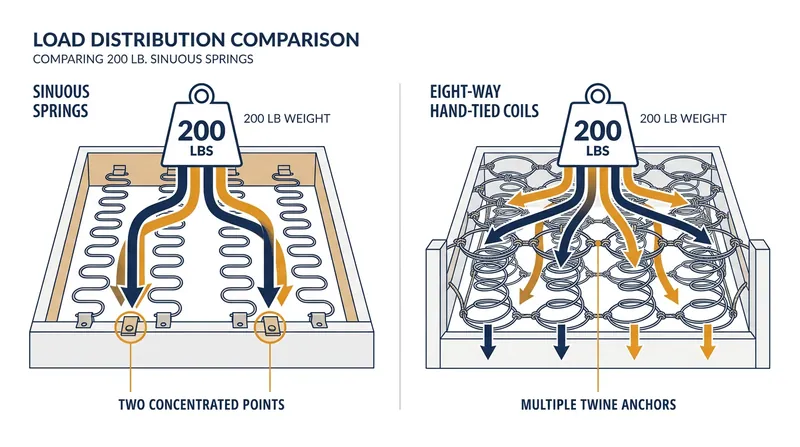While sinuous springs isolate weight on specific frame clips, hand-tied coils disperse the load across a wider network of anchors.