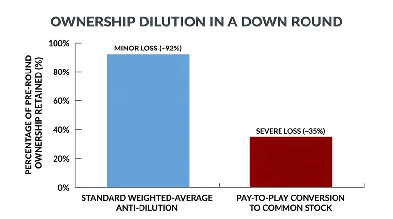 The dilution impact of losing anti-dilution protections during a down round.