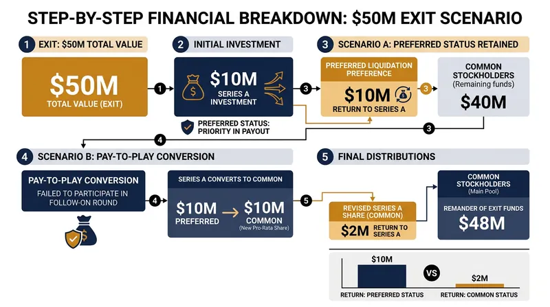 A modeled $50 million exit scenario demonstrates how a pay-to-play conversion destroys downside protection.