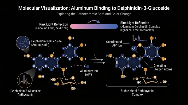 When aluminum ions bind with the delphinidin pigment in the sepals, the molecule's physical structure alters to reflect blue light.