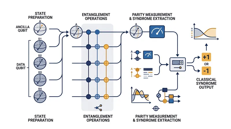Ancilla qubits entangle with neighboring data qubits to extract parity information, outputting a classical +1 or -1 error syndrome.