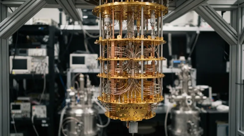 Close-up macro photograph of a gold and niobium superconducting quantum processor chip inside a cryogenic refrigerator.