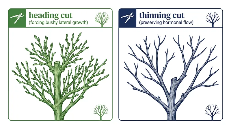 Heading cuts force lateral branching, while thinning cuts preserve the plant's natural hormonal flow.