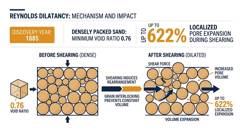 How shear stress expands the interstitial void space between densely packed sand grains.