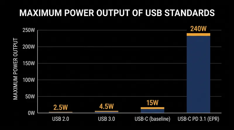 USB-C can deliver up to 240 watts, making its zero-volt idle state a critical safety feature.