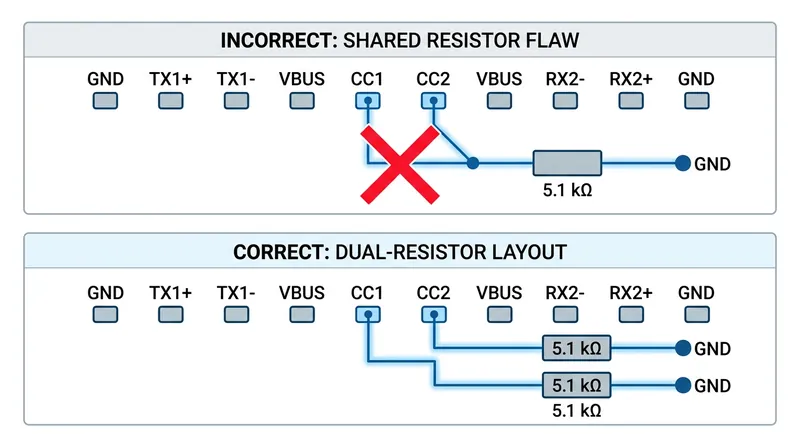 Tying both communication pins to a single shared resistor breaks orientation detection and power negotiation.
