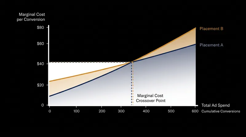 The algorithm continuously shifts budget between placements until the marginal cost of the next conversion is equal across all surfaces.